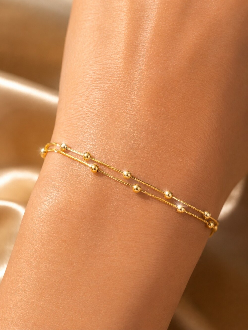 18K. Solid Gold Bracelet.Double Layer Beads Real Pure Gold Chain.AU750